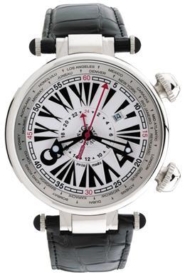 Gio Monaco Mens 379-A Geopolis Collection Automatic Dual Time Rotating Inner Bezel 24 Cities White Dial Watch